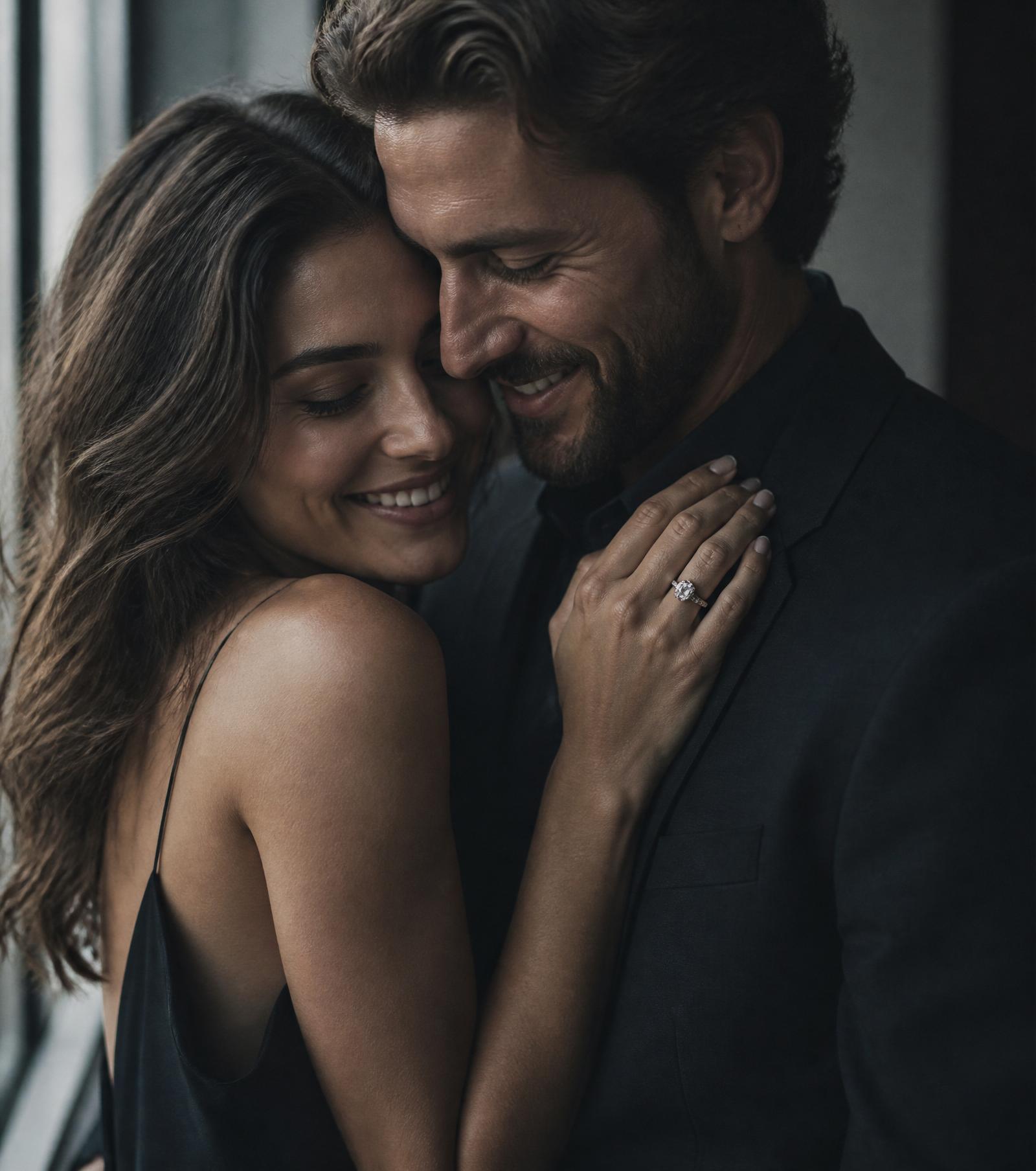 Happy couple embracing, woman wearing a diamond engagement ring from JR's Diamonds & Jewelry