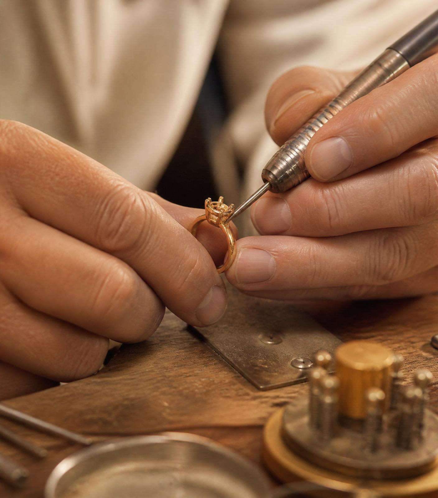 Master jeweler setting a diamond into a custom piece at JR's workshop